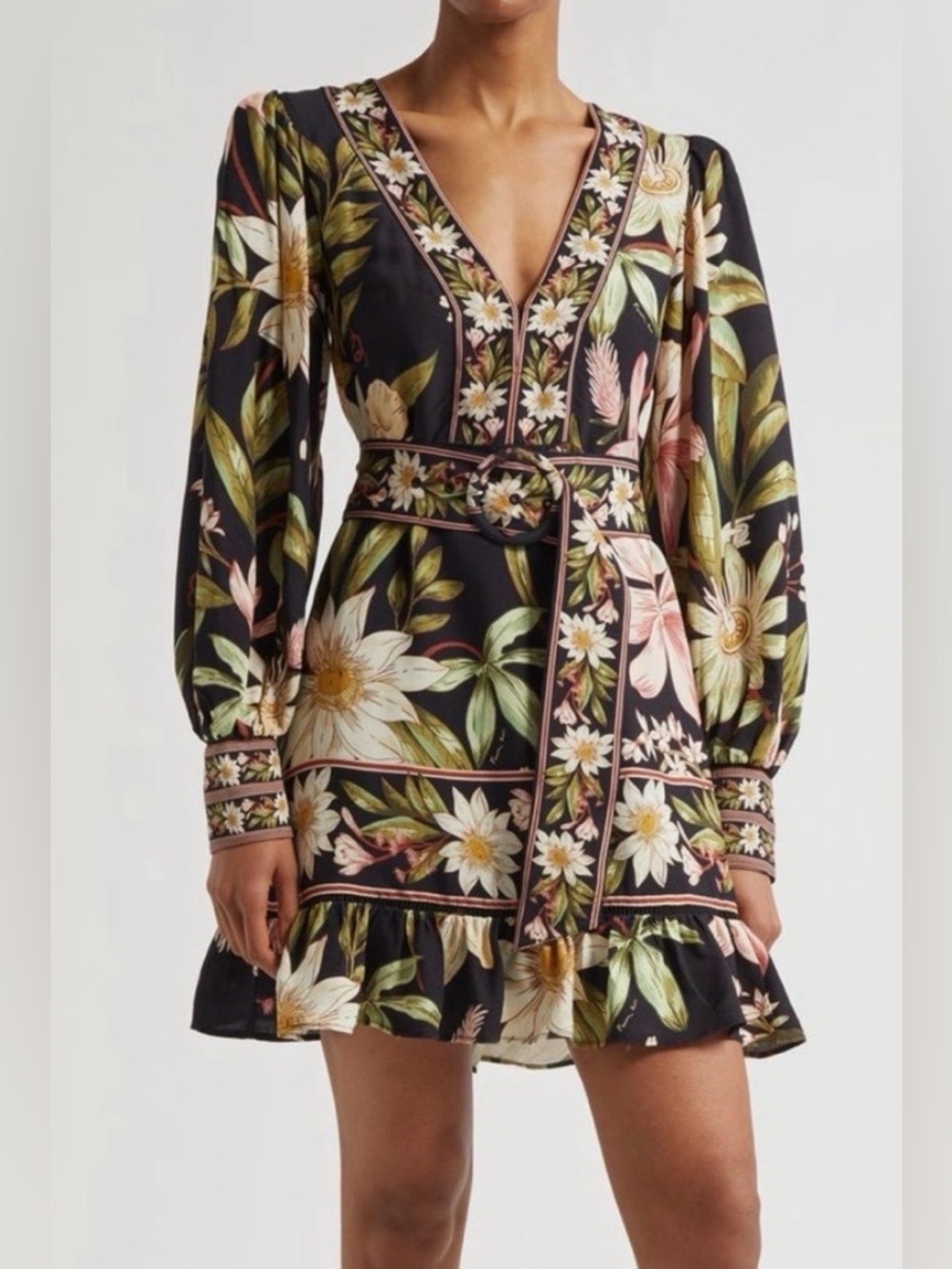 Farm Rio Floral V-Neck Belted Mini Dress